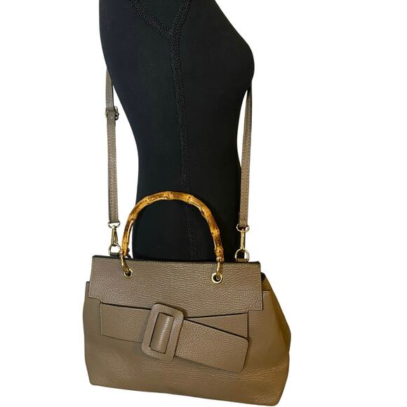 Vera Pelle Italy Taupe Leather Crossbody‎ Handbag Bamboo top handle classic - Picture 2 of 10